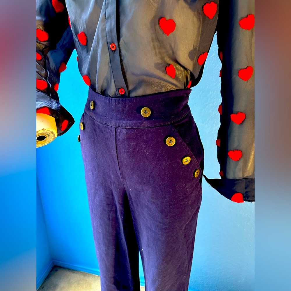 Modcloth Fervour Sailor Wide Leg Trousers Navy Blue Button Detail Pants, Size S